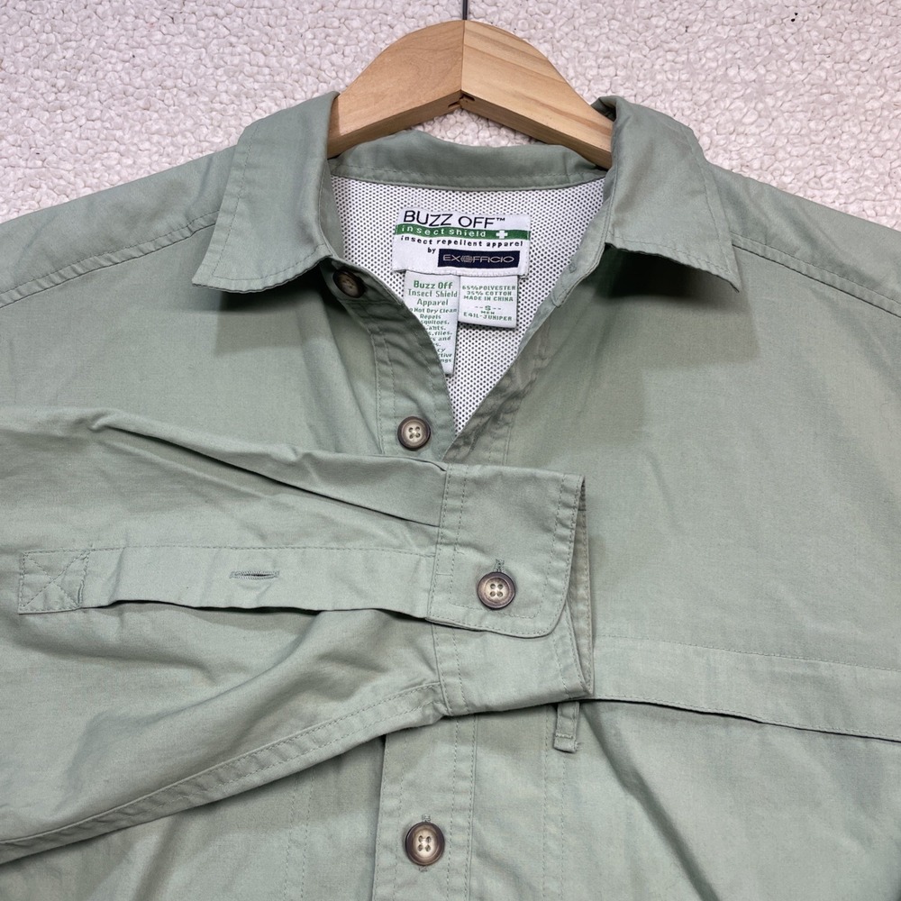 ExOfficio Shirt Mens Small Insect Shield Buzz Off Fishing Vented Green Button Up